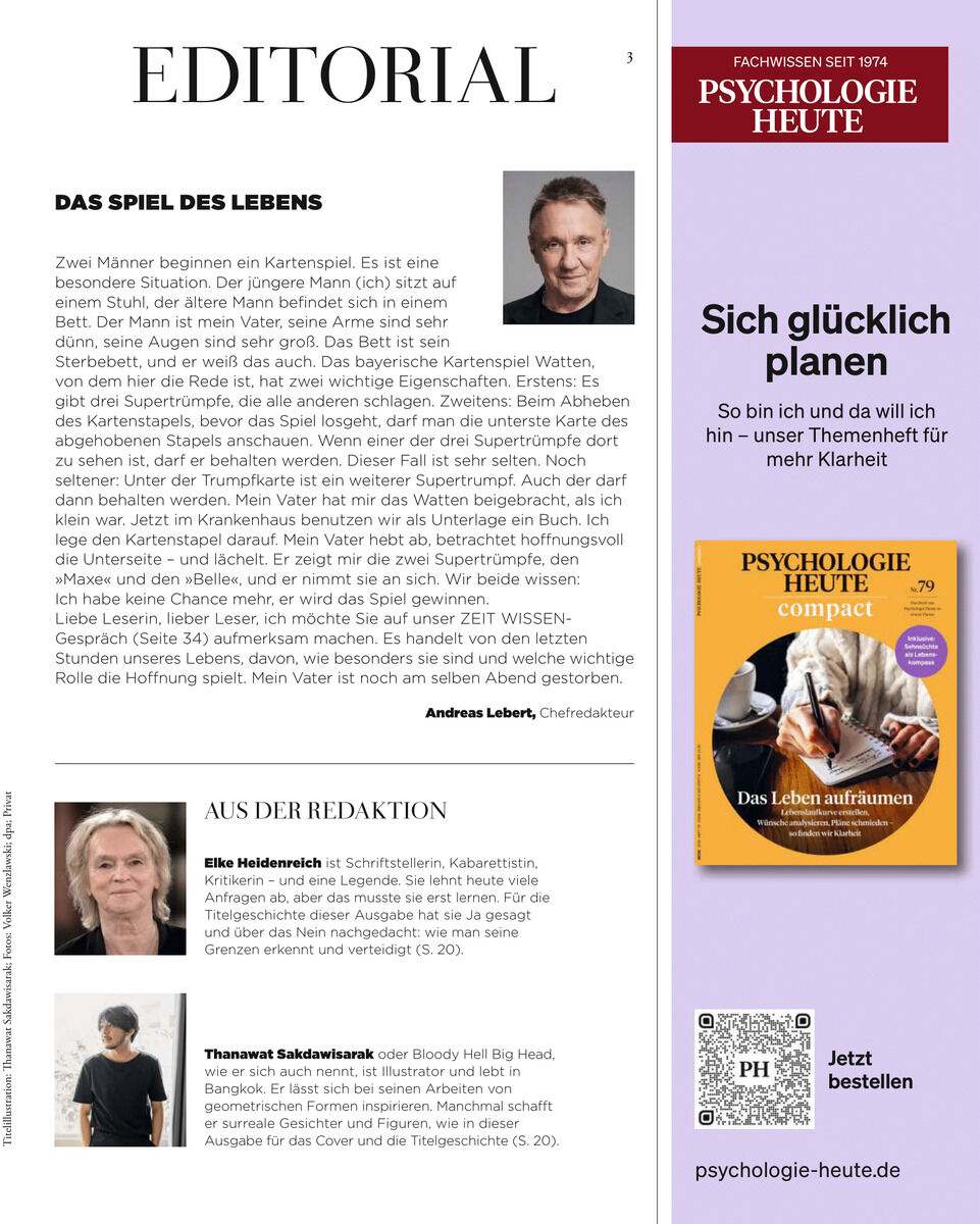 Eine Seite aus einem Magazin mit dem Titel ZEIT WISSEN 1/25. Links befindet sich ein Editorial mit einem Bild des Chefredakteurs. Rechts oben ein Abschnitt über Psychologie und darunter ein Bild mit einem weiteren Thema der Psychologie Heute compact zur persönlichen Planung und Klarheit.