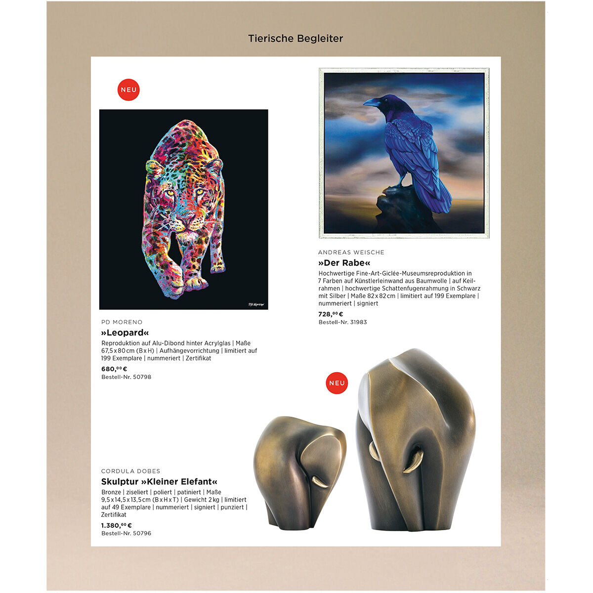 Detaillierte Katalogseite mit drei kunstvollen Tiermotiven: Links ein vielfarbig gemalter Leopardenkopf auf schwarzem Hintergrund, oben rechts ein realistisches Gemälde eines lila-blau schimmernden Raben auf Ast in ruhiger Landschaft, unten rechts eine bronzefarbene, stilisierte Elefantenfigur vor hellem Hintergrund. Begleitende Texte mit Preisen und Künstlernamen.