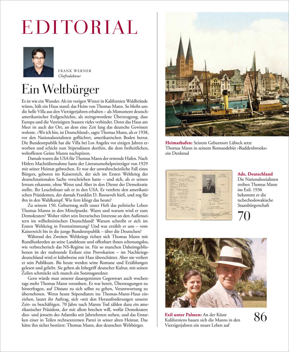 Zeitschriftenseite der Ausgabe 'ZEIT GESCHICHTE 2/25 THOMAS MANN' mit Editorial, Textabschnitt über Thomas Mann, und Bildern historischer Schauplätze sowie ein Porträt von Thomas Mann.