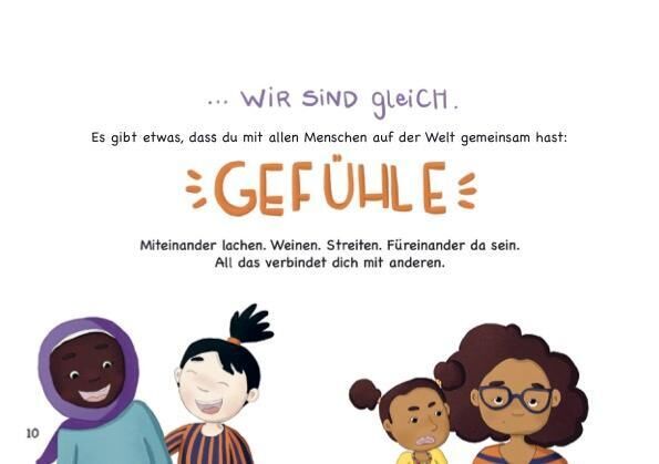 Illustration aus dem Freundschaftsbuch 'Meine Crew'. Drei Kinder mit unterschiedlich bunten Outfits lächeln und drücken ihre Emotionen aus. Überschrift lautet 'Gefühle'.