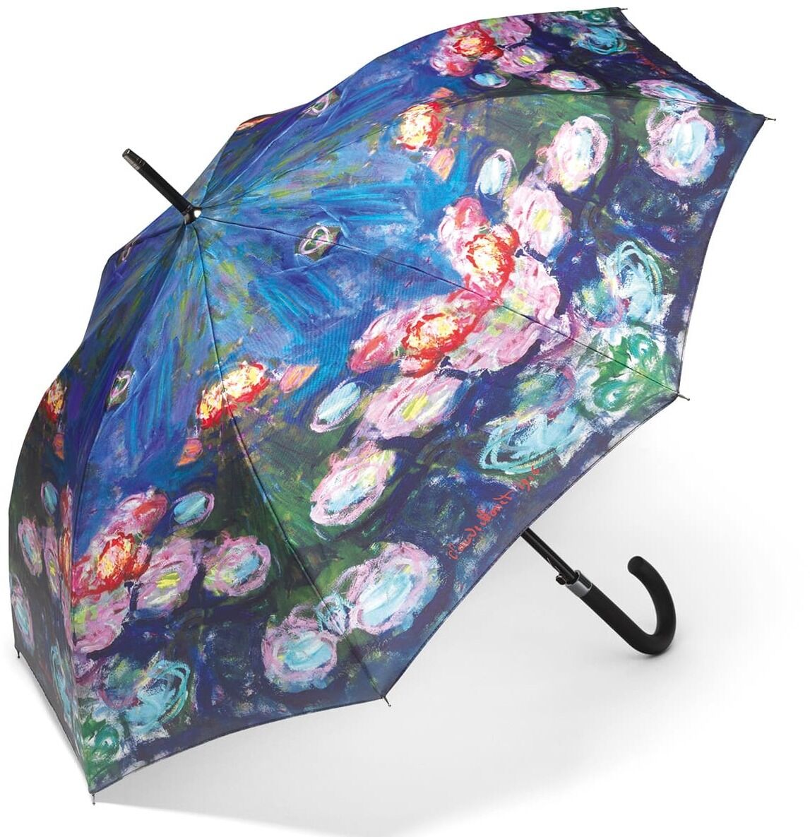 Ein Regenschirm mit einem bunten Blumendesign im Stil der Nymphéas von Monet. Der Schirm zeigt Wasserlilien in verschiedenen Farben wie Blau, Grün, Rosa, Lila und Weiß.