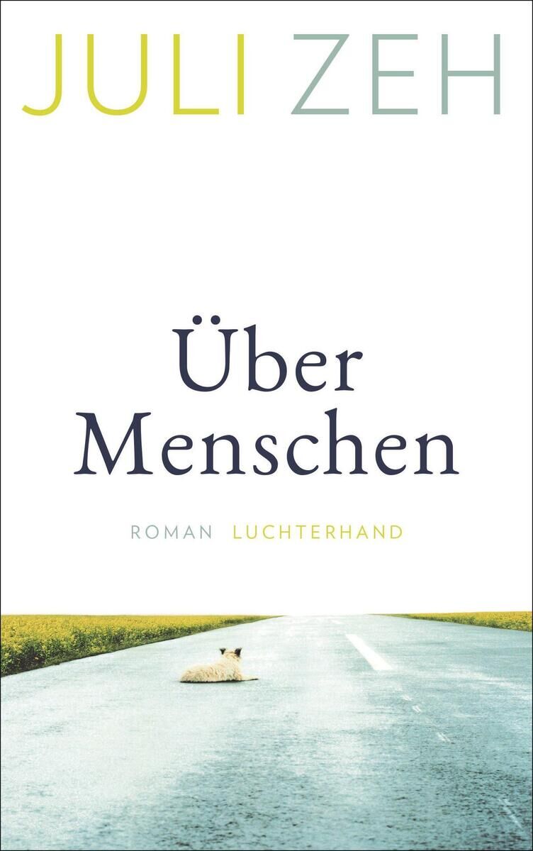 Das Buchcover von 'Über Menschen' von Juli Zeh zeigt den Titel in großer, schwarzer Schrift auf weißem Hintergrund. Der Name der Autorin in gelben und grauen Buchstaben steht oben, während eine gelb-grüne Wiese und eine Straße mit einem kleinen Hund am unteren Rand sichtbar sind.