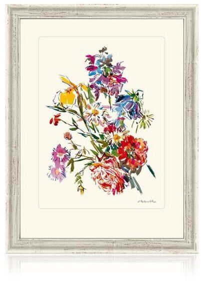 Ein Gemälde von Oskar Kokoschka mit dem Titel »Sommerblume mit Iris und Pfingstblume«, das einen bunten Blumenstrauß zeigt. Das Bild ist in einem weißen Rahmen präsentiert.