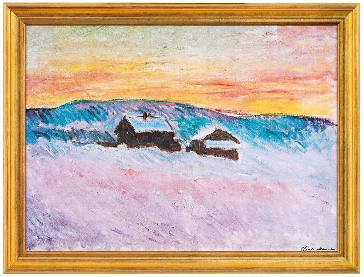 Ein Gemälde von Claude Monet aus dem Jahr 1895, das eine norwegische Winterlandschaft mit blauen Häusern und einem farbenfrohen Sonnenuntergang zeigt. Der Schnee bedeckt den Boden und die Architektur, während der Himmel in verschiedenen Rosa-, Gelb- und Orangetönen leuchtet.