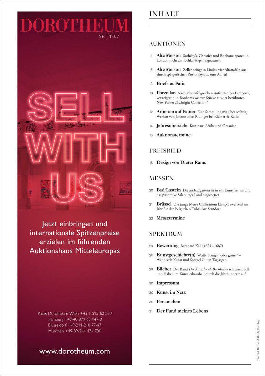 Titelblatt der Zeitschrift KUNST UND AUKTIONEN 11/24 vom Dorotheum. Das Cover zeigt neonrote Schriftzüge und enthält Informationen über Auktionen und Kunstgegenstände sowie Kontaktinformationen des Auktionshauses Dorotheum.