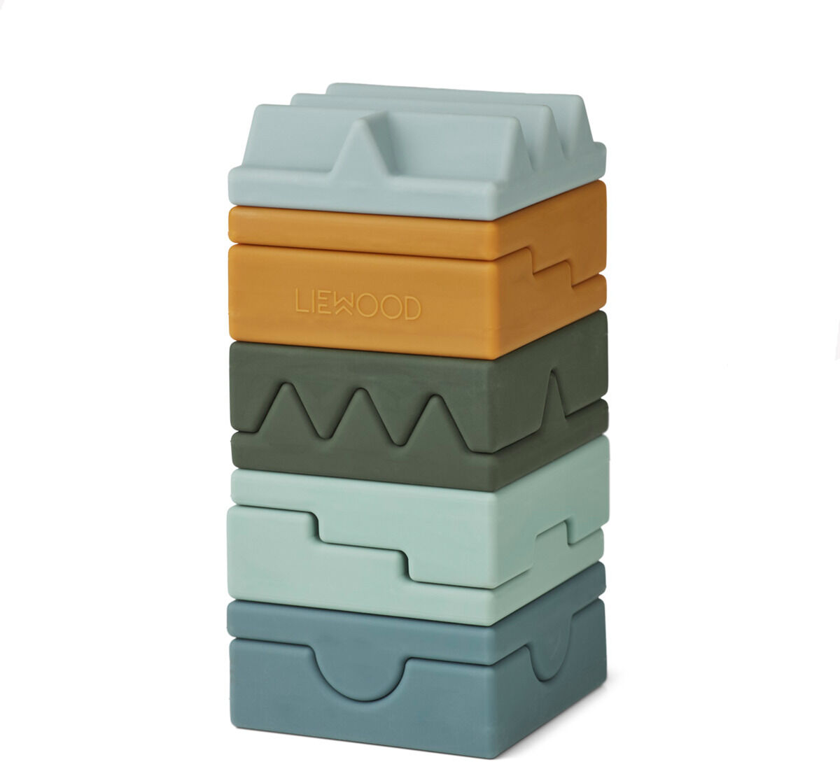 Ein Stapelturm aus Holz mit dem Namen "Morgan" von der Marke Liewood. Der Turm besteht aus stapelbaren Bauelementen in verschiedenen Farben: Blau, Grün, Grau und Orange. Geeignet für Kinder zur Förderung der Motorik und Vorstellungskraft.
