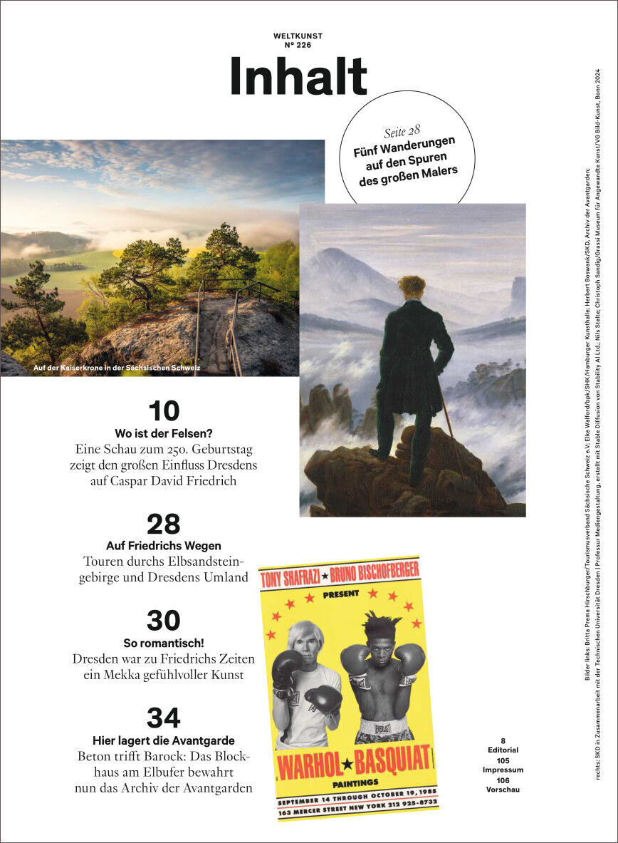 Das Bild zeigt das Cover der Zeitschrift 'WELTKUNST 226/24 Sonderheft Dresden + Sachsen'. Auf dem Titelbild sind eine romantische Landschaftsmalerei des Elbsandsteingebirges und ein Plakat für eine Ausstellung von Andy Warhol und Jean-Michel Basquiat zu sehen. Der Text auf dem Cover verspricht Inhalte über Caspar David Friedrich und die Kunstszene in Dresden und Sachsen.