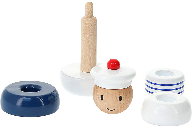 Die Stapelfigur »Marine nationale« besteht aus mehreren hölzernen Teilen, darunter verschiedene Ringe und ein Kopf mit einem Seemannshut. Die Farben umfassen Blau, Weiß, Rot und Naturholz. Das Spielzeug ist für Kinder geeignet und hat ein maritimes Design.