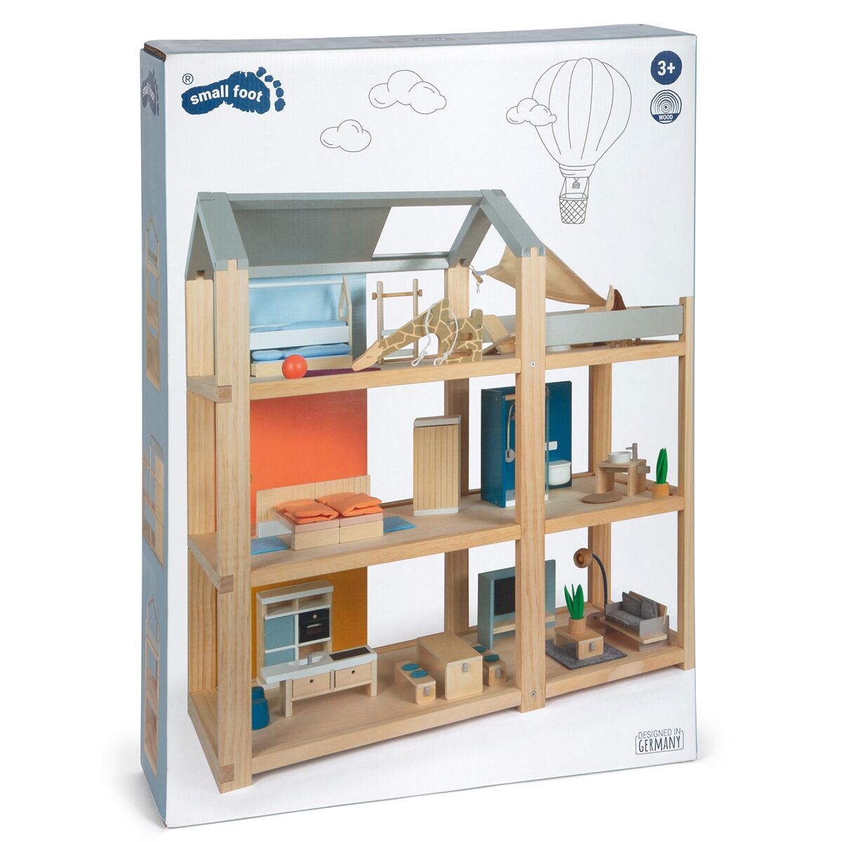 Großes Puppenhaus aus Holz mit mehreren Zimmern und modernen Miniaturmöbeln, gezeigt in der Produktverpackung. Das Puppenhaus bietet zwei Etagen sowie ein Dachgeschoss und ist teils offen gestaltet. Die Möbel sind farbenfroh und laden Kinder ab drei Jahren zum kreativen Spielen ein. Auf der Verpackung ist ein Heißluftballon illustriert.
