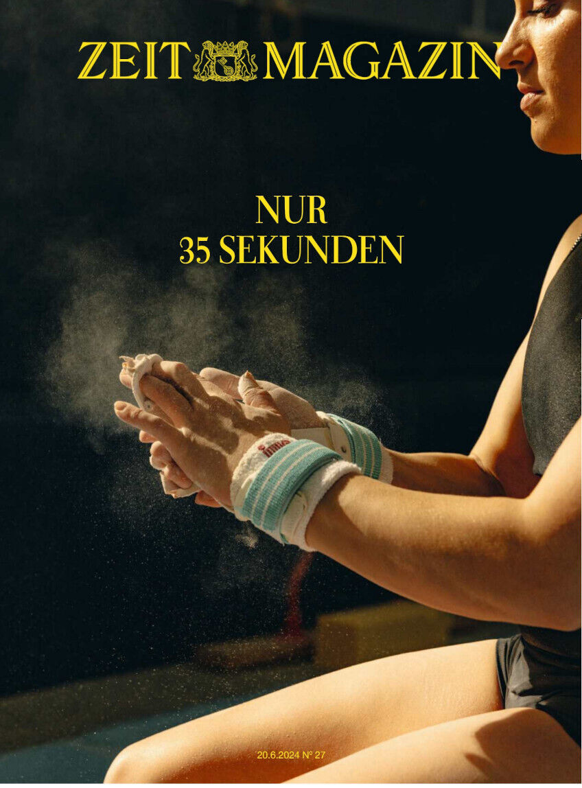 Das Titelbild des ZEIT Magazins 27/2024 zeigt eine Person, die mit konzentrierter Haltung Handschuhe trägt. Der Text 'nur 35 Sekunden' ist in gelber Schrift auf dem Bild zu sehen. Oben sind der Titel ZEIT Magazin sowie das Logo abgebildet.