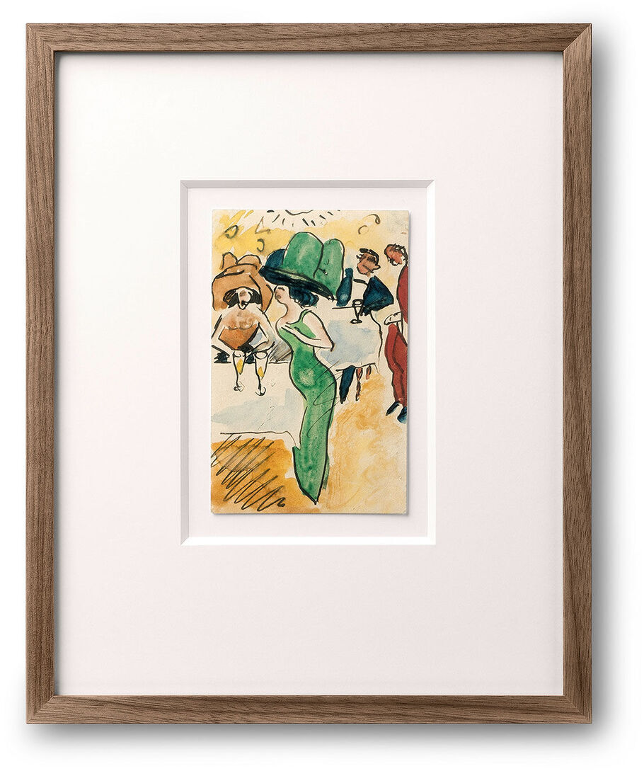 Ein gerahmtes Kunstwerk von Max Pechstein aus den Jahren 1910-1915, zeigt eine Frau in grüner Kleidung mit Hut, umgeben von weiteren Figuren. Die Farben des Bildes sind überwiegend beige, grün, braun, schwarz und weiß.