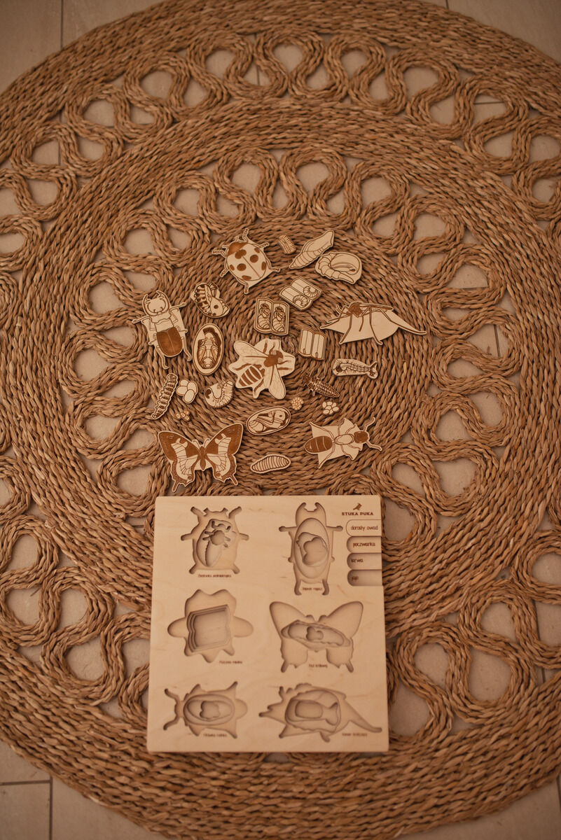 Ein Holzpuzzle mit dem Titel »Leben des Käfers« liegt auf einem runden, gewebten Korbteppich. Das Puzzle zeigt den Lebenszyklus eines Käfers in verschiedenen Stadien. Es gibt mehrere kleine Holzteile, die zusammengefügt werden müssen, um die Entwicklungsphasen des Käfers abzubilden.