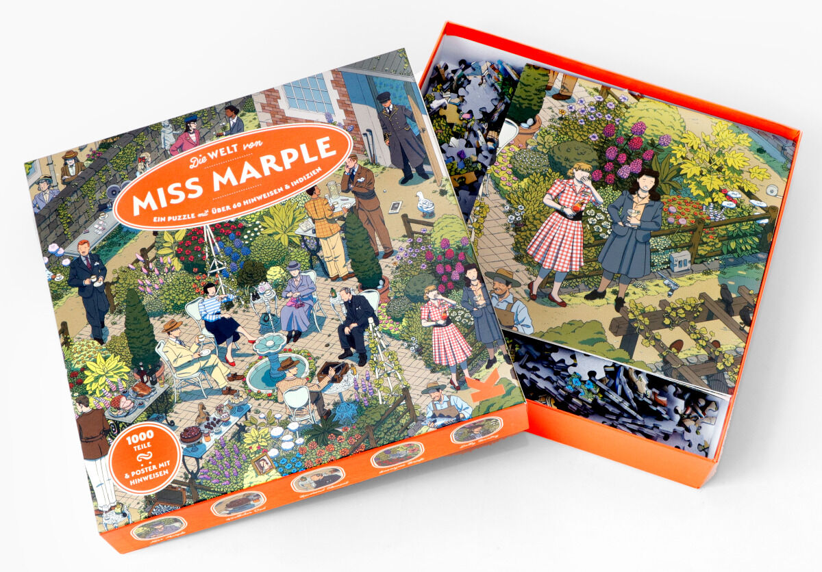 Das Bild zeigt das Puzzle „Die Welt von Miss Marple“ mit einer bunten Illustration einer Gartenszene, in der Menschen in altmodischer Kleidung zu sehen sind. Das Puzzle besteht aus 1000 Teilen und ist in einer orangefarbenen Schachtel verpackt, die halb geöffnet ist, um einen Teil des zusammengebauten Puzzles zu zeigen.