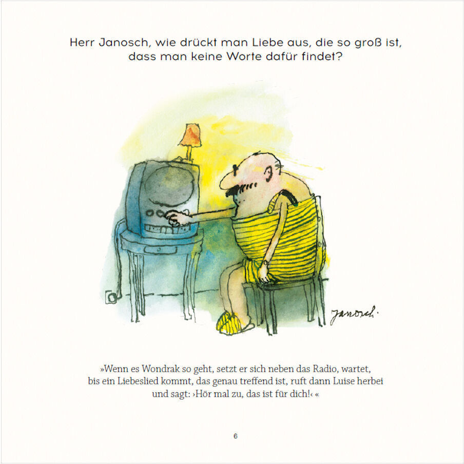 Illustration eines Mannes in einem Sessel, der einen TV einschaltet. Er trägt einen gelben Streifenpullover. Text auf der Seite fordert auf, Liebe auszudrücken, die keine Worte findet.