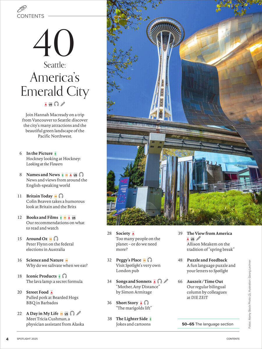 Cover des Spotlight Magazins 5/2025 mit dem Titel ‚Seattle: America's Emerald City‘ zeigt die Space Needle, Seattle. Enthält Themen über Kultur, Reisen und englische Sprachentwicklung.