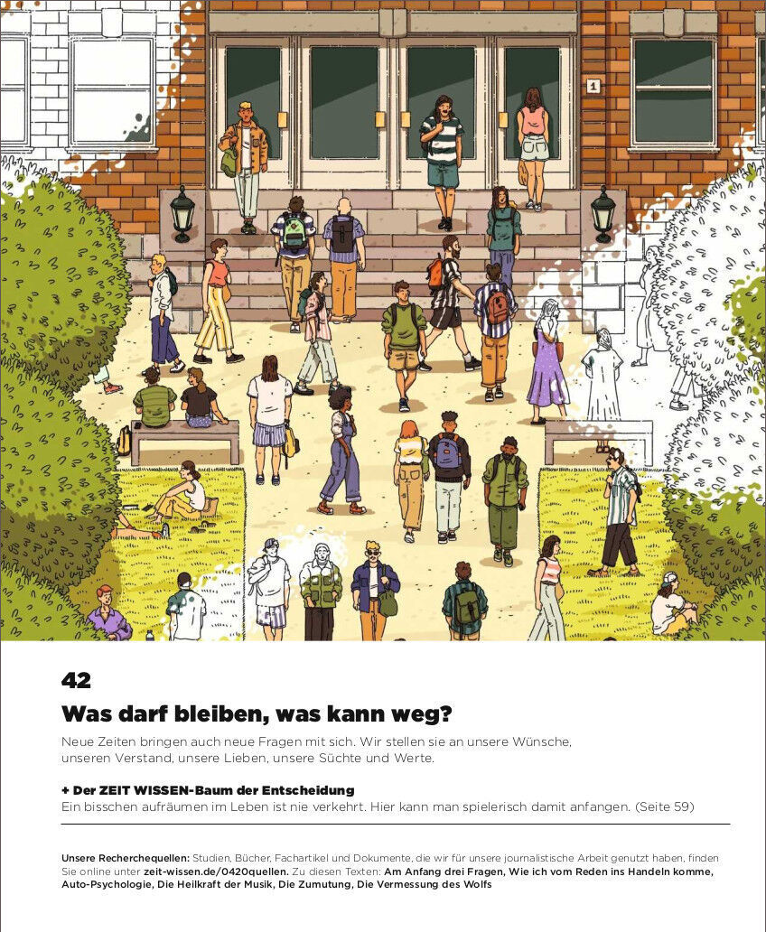ZEIT WISSEN Magazin 4/20 mit dem Titel 'Was darf bleiben, was kann weg?'. Das Cover zeigt eine Illustration von Menschen auf den Treppen und im Eingangsbereich eines Gebäudes, die miteinander interagieren und ihrem Alltag nachgehen. Darunter ein großer, cremefarbener Textbereich mit dem Titel und dem Thema des Magazins.