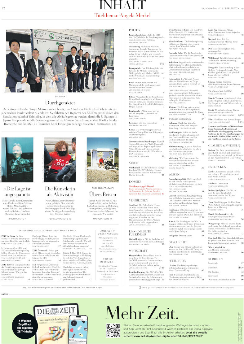 Titelseite der Zeitung DIE ZEIT für die Ausgabe 49/2024 mit Artikeln über Politik, Wirtschaft und Gesellschaft. Enthält Fotos und eine Inhaltsübersicht.