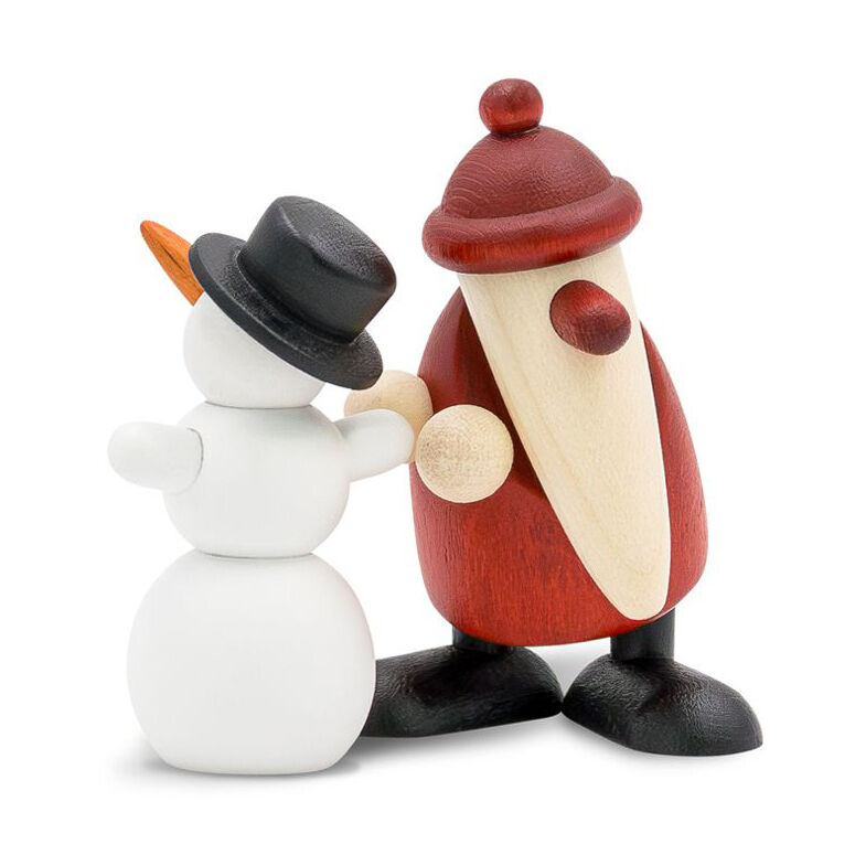 Zwei hochwertige Holzfiguren: ein roter Weihnachtsmann mit Mütze und Bart, sowie ein weißer Schneemann mit schwarzem Hut und orangefarbener Karottennase. Beide Figuren stehen nebeneinander, minimalistisch und liebevoll gestaltet auf weißem Hintergrund.
