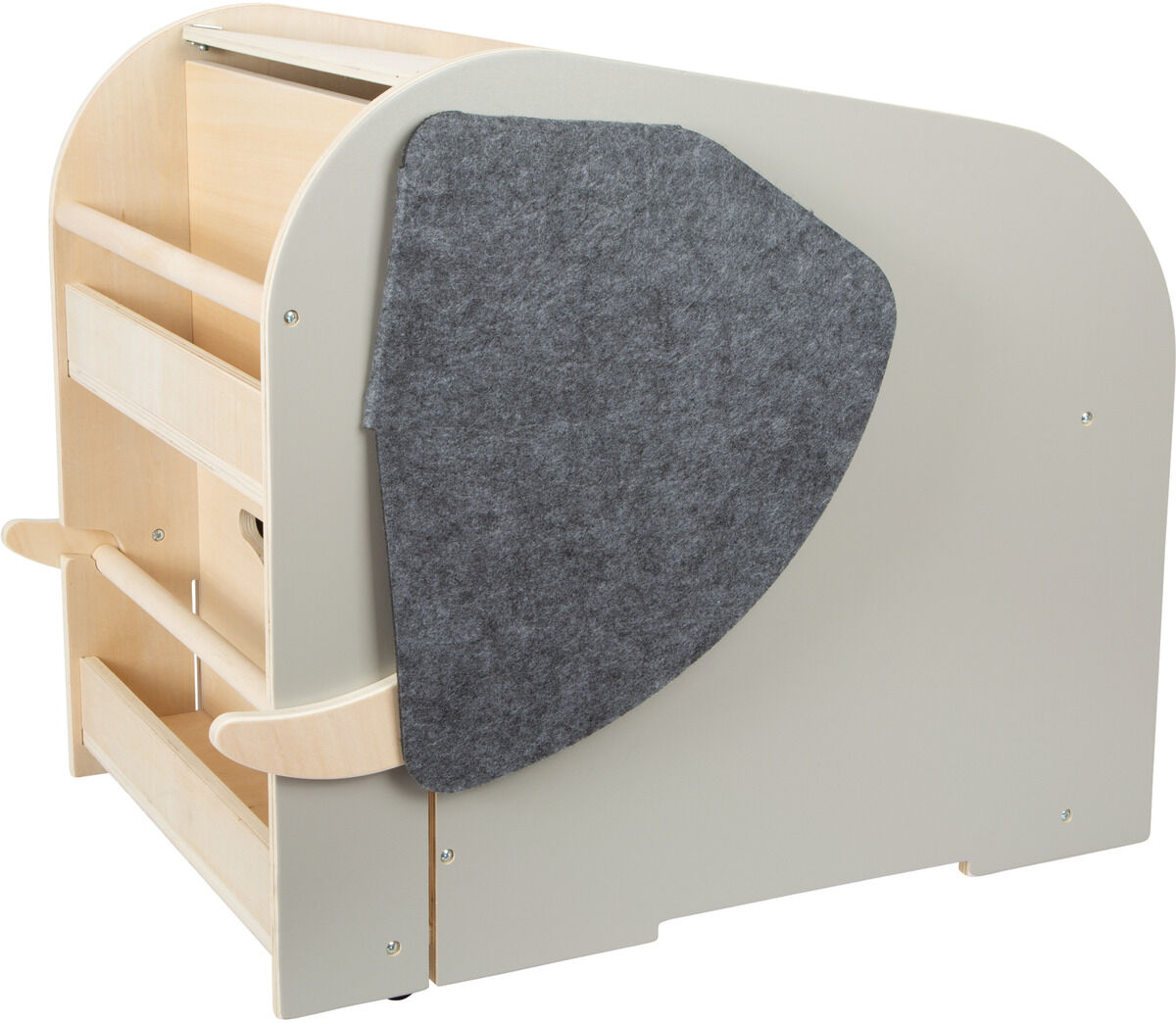 Spielzeugbox mit Sitz und Rollen in Elefantenform aus Holz in Beige und Grau, geeignet für Kinderzimmer zur Aufbewahrung und Organisation von Spielzeug. Praktisch und funktional mit Tiermotiv.