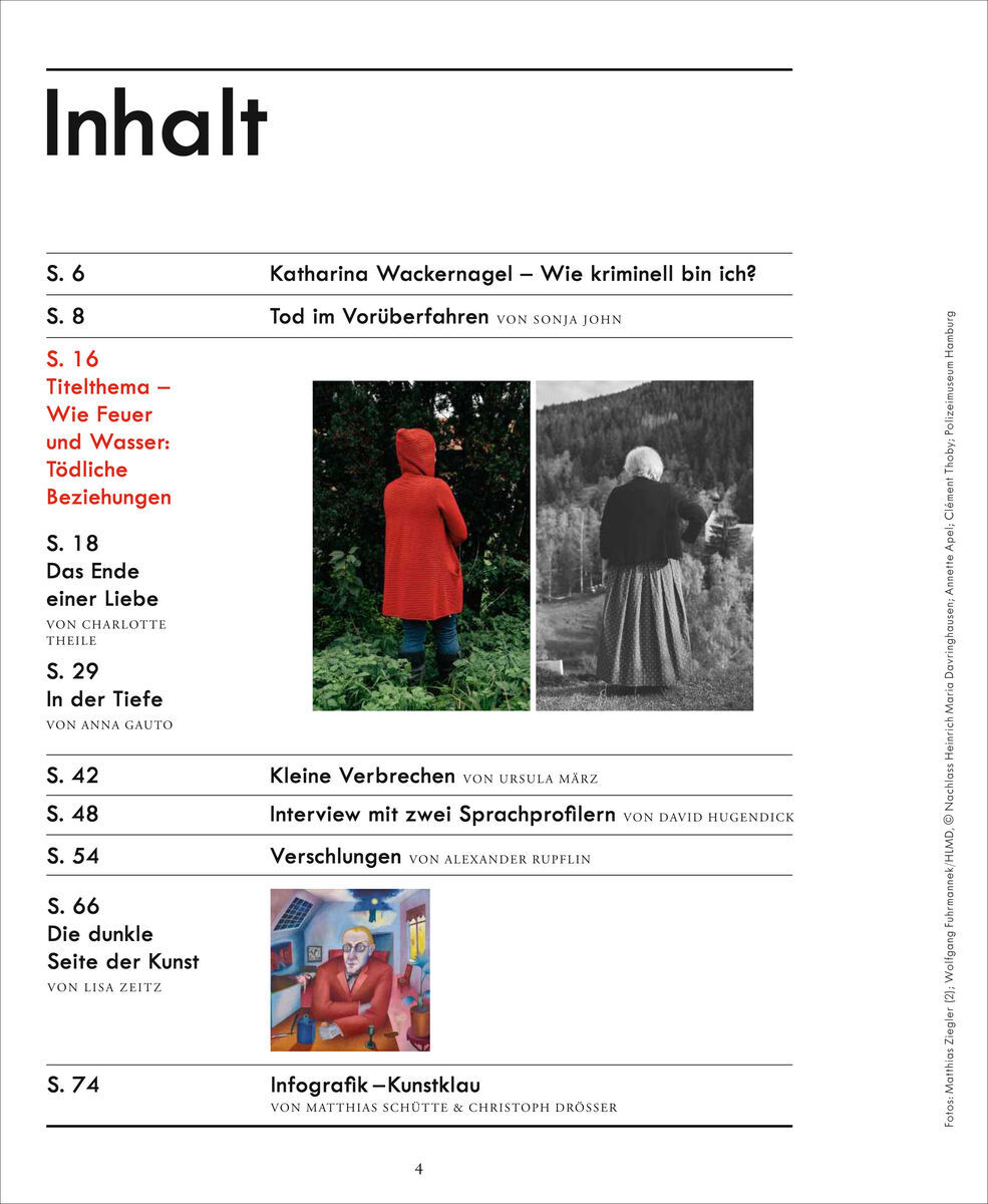 Eine Abbildung des Inhaltsverzeichnisses der Zeitschrift 'ZEIT VERBRECHEN 8/20' zeigt verschiedene Artikel und deren Seitenzahlen, mit Überschriften in schwarzem und rotem Text. Die Seiten sind in einem weißen Hintergrund gestaltet, ergänzt durch kleine farbige Bilder und Textbeschreibungen.