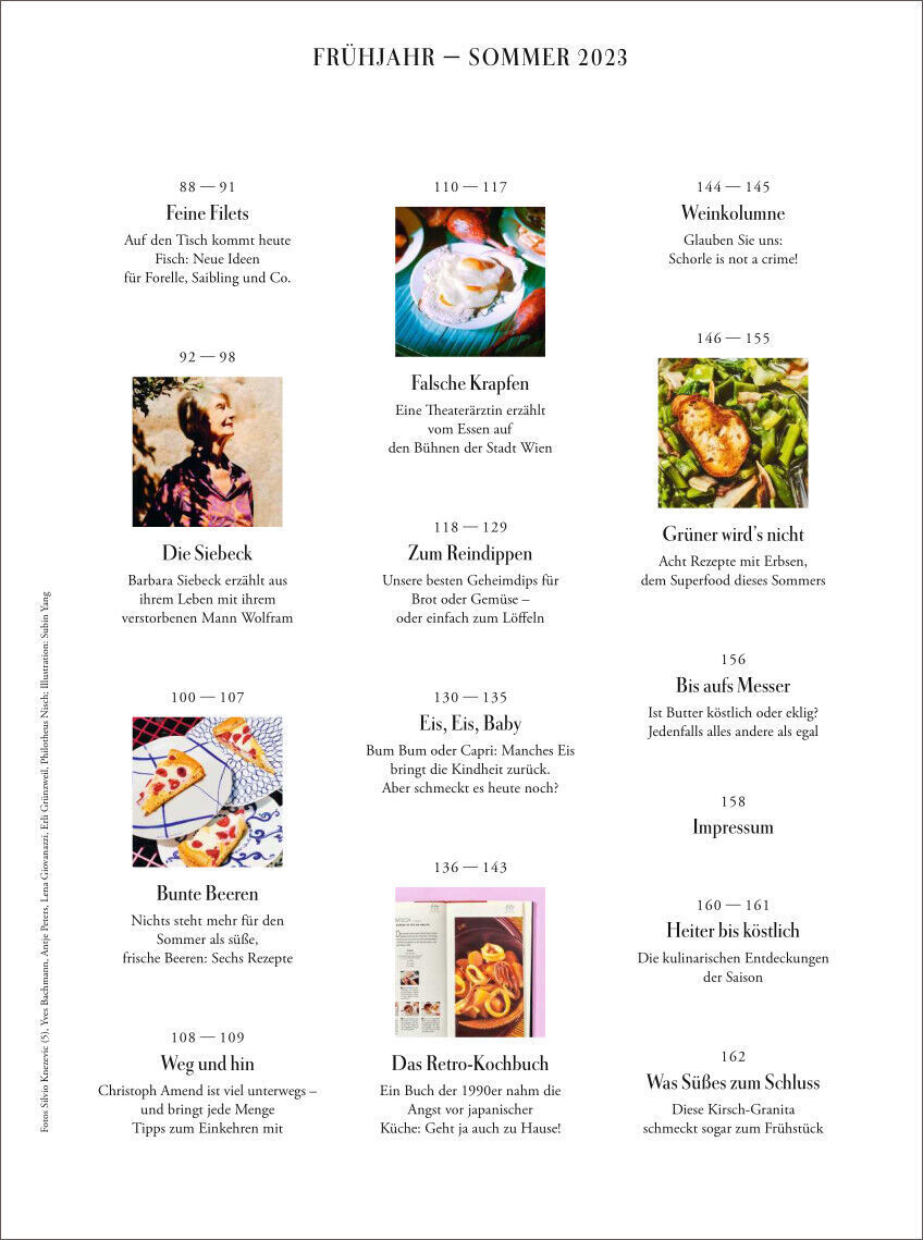 Das ZEITmagazin WOCHENMARKT 4/23 zeigt eine Vielzahl von Rezepten für das Frühjahr und den Sommer 2023. Das Magazincover ist mit verschiedenen farbigen Kacheln gestaltet, die Bilder von Speisen und Rezepten enthalten. Titel und Text sind in Schwarz auf einem weißen Hintergrund platziert.
