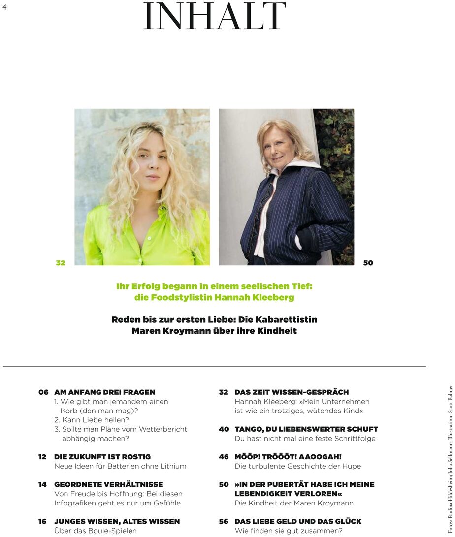 Inhaltsseite des ZEIT WISSEN Magazins 5/26 mit Inhaltsverzeichnis, zwei Frauenportraits oben (links: Frau mit langem, blondem Haar in grünem Blazer, rechts: Frau mit kurzem, blondem Haar im dunklen Blazer) und einer Themenübersicht zu Wissenschaft, Psychologie und Gesellschaft.