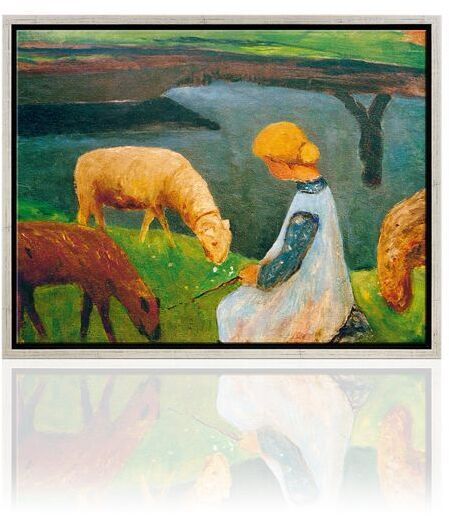 Ein Gemälde von Paula Modersohn-Becker aus dem Jahr 1900, das ein sitzendes Mädchen mit gelbem Kopftuch zeigt, das von Schafen an einem Weiher umgeben ist. Die Szene ist in einer grünen und friedlichen Landschaft eingebettet und vermittelt eine ruhige, idyllische Atmosphäre.