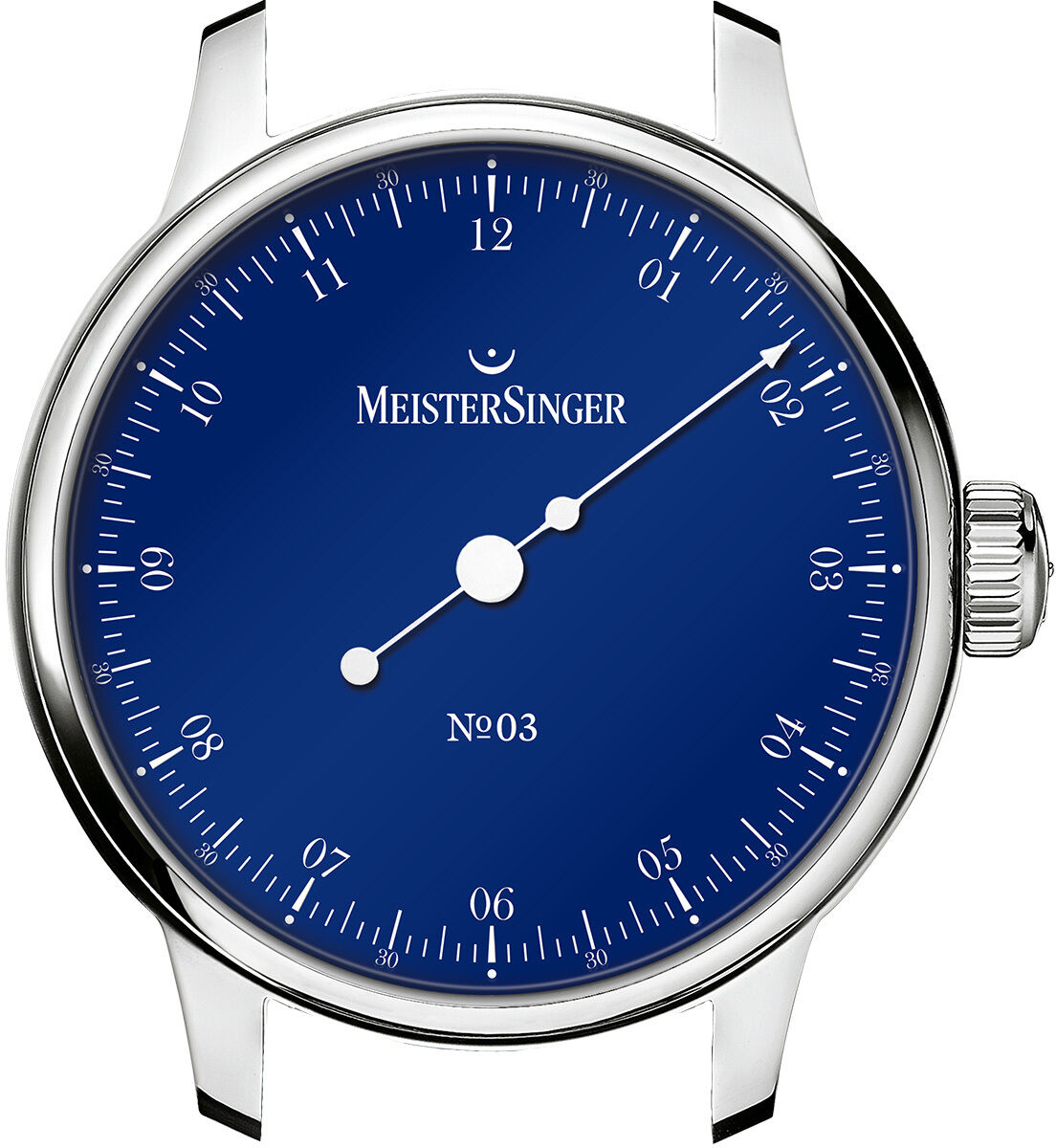 Automatikuhr ZEIT-Sonderedition N°03 von MeisterSinger mit tiefblauem Zifferblatt, weißen Zahlen und Markierungen, Einzeigerdesign im Edelstahlgehäuse. Klarer, eleganter Stil, 43 mm Durchmesser, limitiert und nummeriert, ideal für Uhrenliebhaber und Sammler.