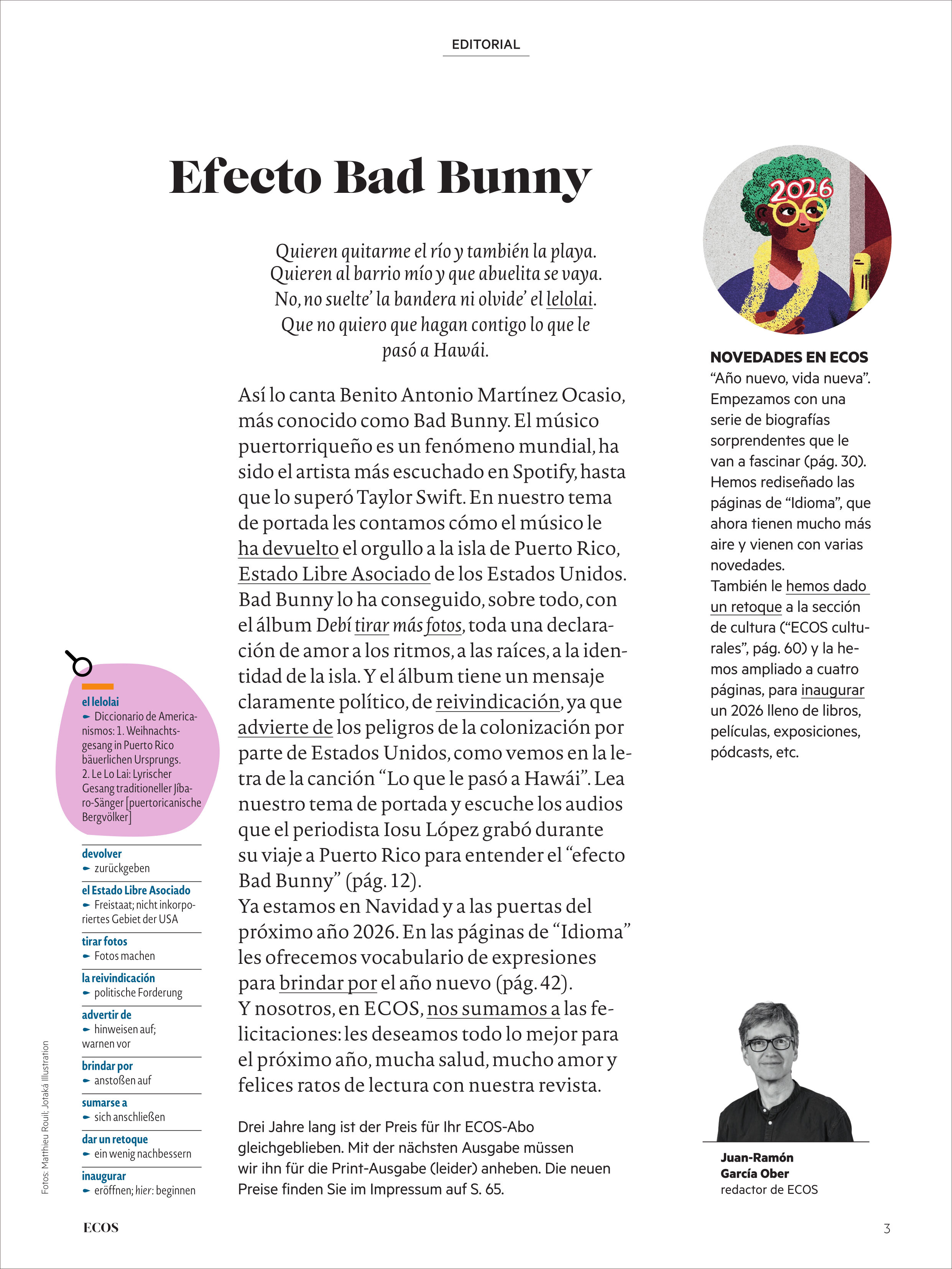 Titelblatt einer Magazinseite von Ecos mit dem Editorial 'Efecto Bad Bunny'. Der Hintergrund ist weiß, Text und Überschriften in Schwarz. Rechts oben ein bunter Grafik-Kreis mit einem Frauengesicht und der Jahreszahl 2026. Am Rand eine Vorschau auf Themen und Rubriken, zentrale Kolumne mit redaktionellem Text, Autorenfoto unten rechts.