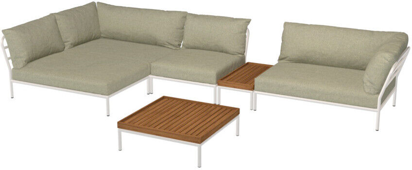 Sofaecke »LEVEL 2« in beige mit Eckteil links, bestehend aus mehreren Teilen einschließlich einer integrierten Mittelkonsole aus Holz und einem kleinen Couchtisch. Das Möbelstück zeigt ein minimalistisches und modernes Design.
