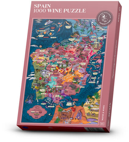 Puzzle der Weinregionen Spaniens mit detailreicher Landkarte und buntem Design. Verpackt in einer roten Schachtel mit dem Titel 'Spain 1000 Wine Puzzle'.
