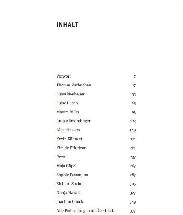 Bild der Inhaltsseite des Buches 'Alles Gesagt? Buch zum Podcast' mit einer Liste von Autoren und Seitenzahlen auf weißem Hintergrund.