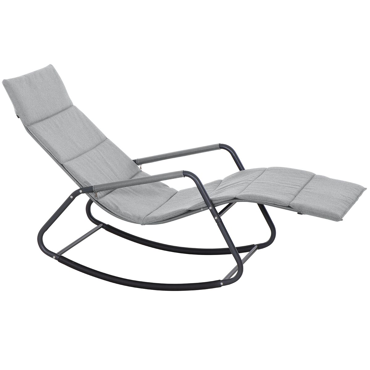 Abgebildet ist eine moderne Swingliege »Aliano« mit gepolsterter, hellgrauer Liegefläche und stabilem, geschwungenem Metallrahmen. Die Liege eignet sich ideal für Garten, Balkon oder Terrasse und ist darauf ausgelegt, Komfort und Entspannung im Außenbereich zu bieten.