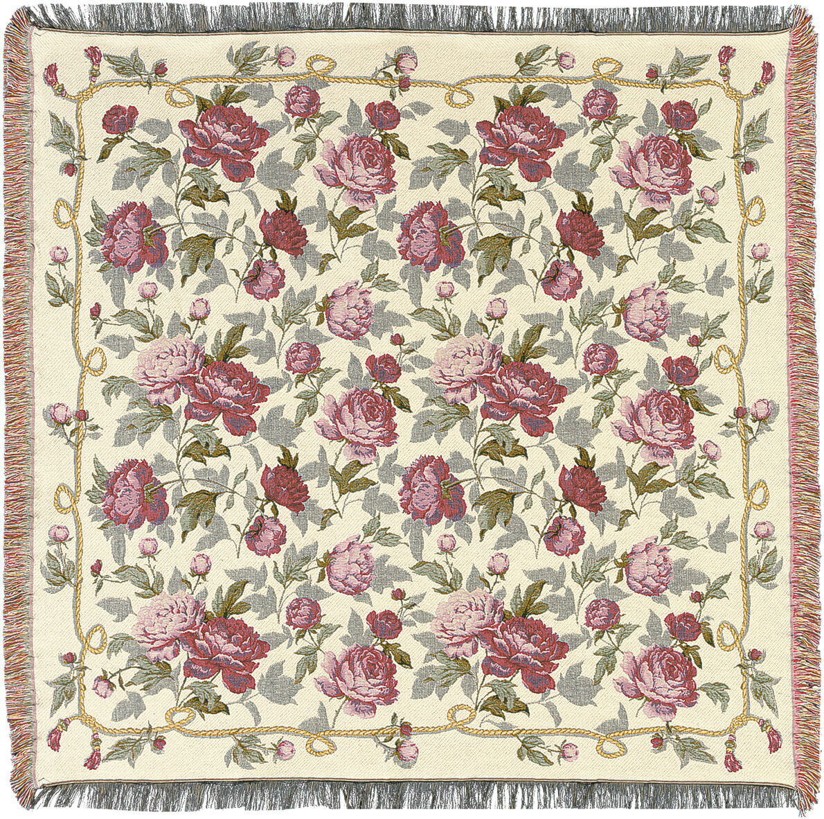 Wohnplaid mit detailliertem Rosenmotiv, bestehend aus roten und rosa Blüten, grünen Blättern und beiger Hintergrund. Die Decke hat bunte Fransenränder.