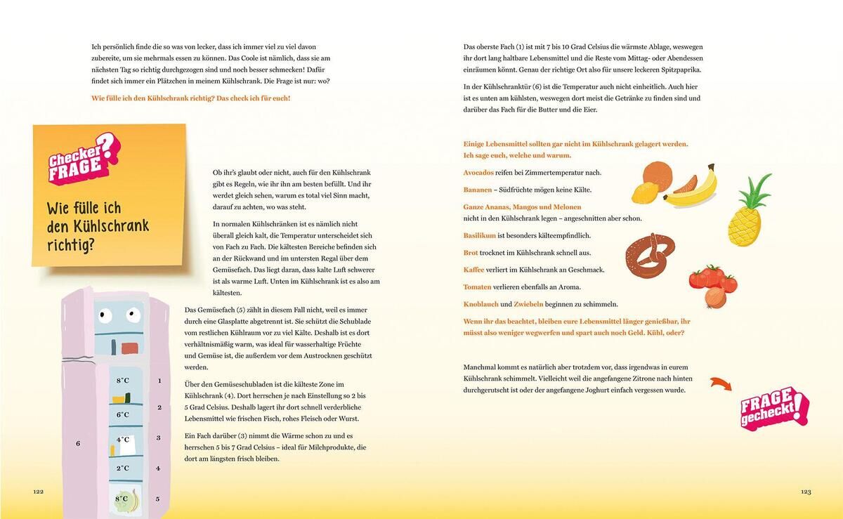 Doppelseite aus dem Buch 'Kocht mit Checker Tobi' mit bunten Illustrationen von Lebensmitteln und Küchengeräten, Text auf gelbem Hintergrund. Links ein farbiger Kühlschrank mit smiley Gesicht.