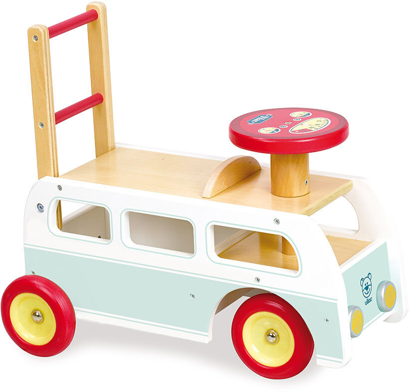 Ein bunter Lauflernwagen in Form eines Minibusses mit roten, gelben und weißen Elementen, geeignet für Kleinkinder.