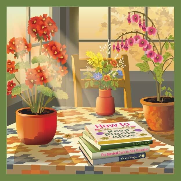 Das 500 Teile Puzzle »Blossom« von VISSEVASSE zeigt einen sonnigen Raum mit rot und rosa blühenden Topfpflanzen auf einem Tisch. Neben einer Vase voller bunter Blumen liegen vier Bücher über Pflanzenpflege, das Licht fällt warm durch ein Fenster.