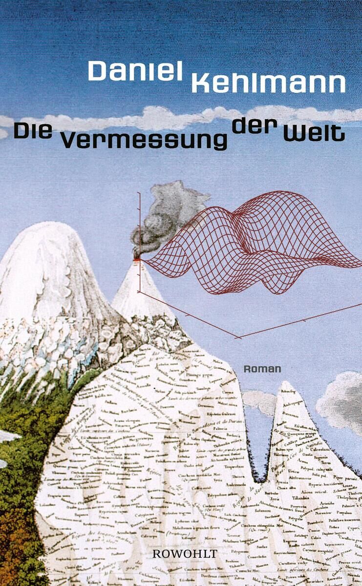 Das Buchcover von 'Die Vermessung der Welt' von Daniel Kehlmann zeigt eine illustrierte Landschaft mit Bergen, einem rauchenden Vulkan und einem Netzdiagramm. Unter dem Titel sind die Wörter 'Die Vermessung der Welt' abgebildet. Unten steht das Logo des Rowohlt Verlags.