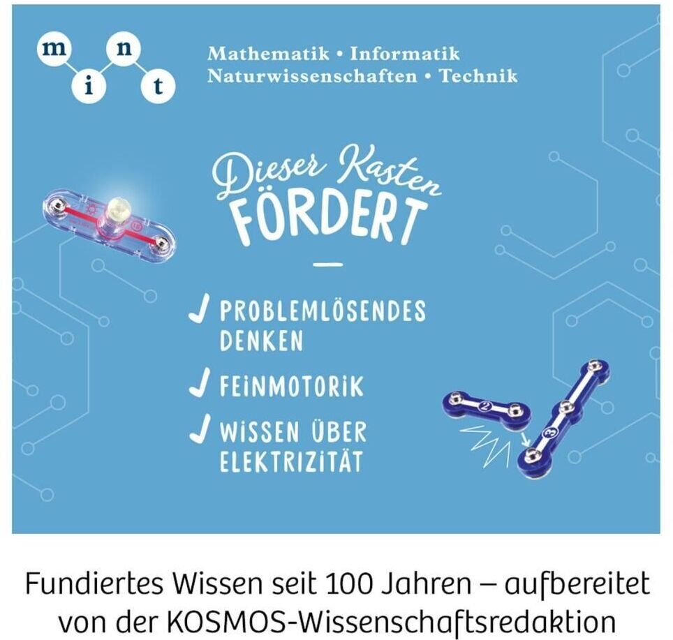 Das Cover des Produkts 'Easy Elektro - Light' von Kosmos zeigt kindgerechte Illustrationen von elektrischen Schaltungen auf einem blauen Hintergrund. Es hebt die Förderung von problemlösendem Denken, Feinmotorik und Wissen über Elektrizität hervor, die durch die Beschäftigung mit dem Experimentierkasten erreicht werden können.
