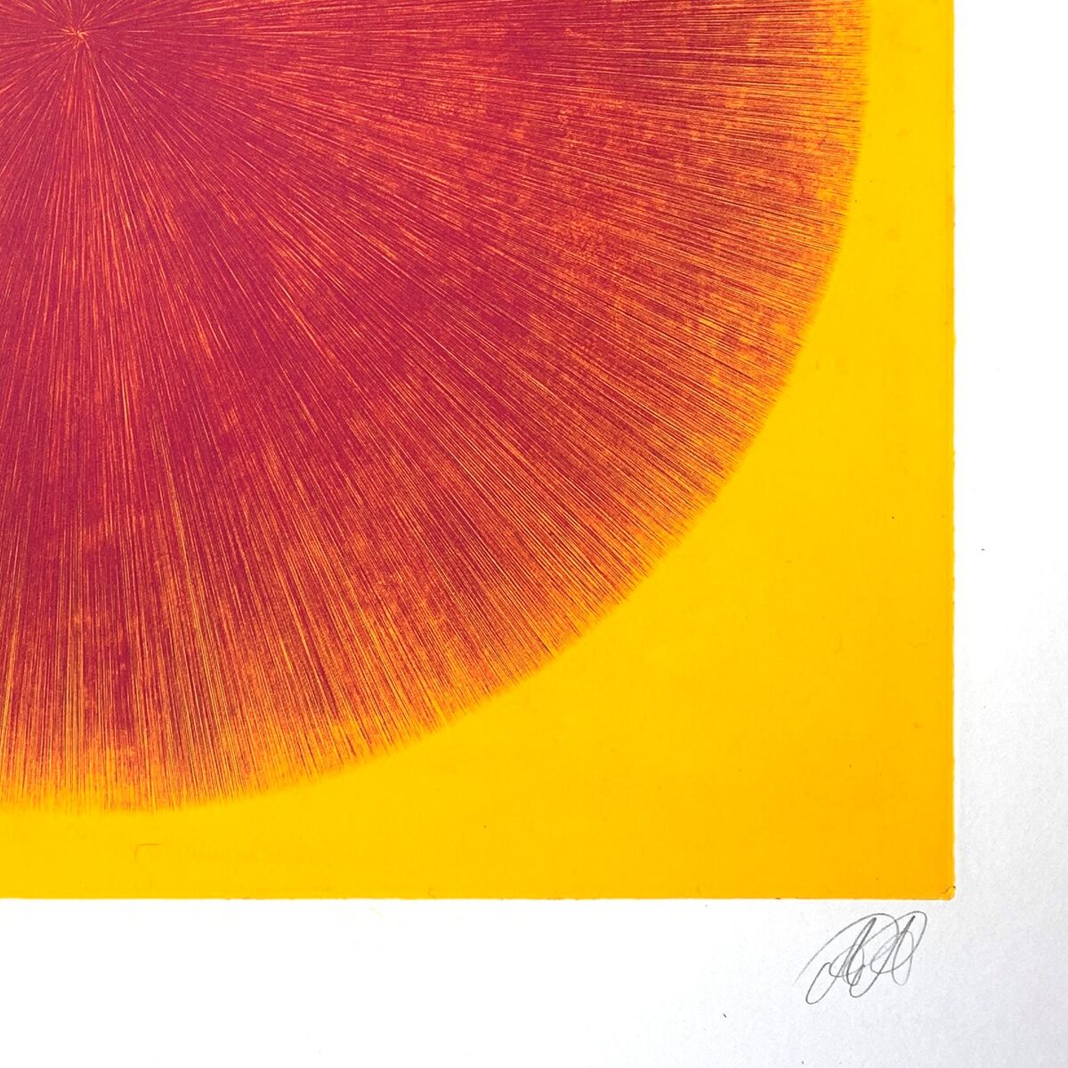 Ein abstrakter Kupferstich mit einem warmen Pink auf gelbem Hintergrund. Das Kunstwerk zeigt eine spiralförmige, kreisartige Struktur und vermittelt durch seine dynamische Darstellung ein Gefühl von Bewegung und Tiefe.