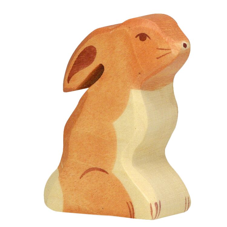 Handbemalte Holzfigur eines sitzenden Hasen aus einem Set kleiner Waldtiere. Die Figur ist in warmen Beige- und Brauntönen gestaltet und steht aufrecht. Geeignet als Spielzeug für Kinder, Osterdekoration oder für naturbezogene Dekorationszwecke.