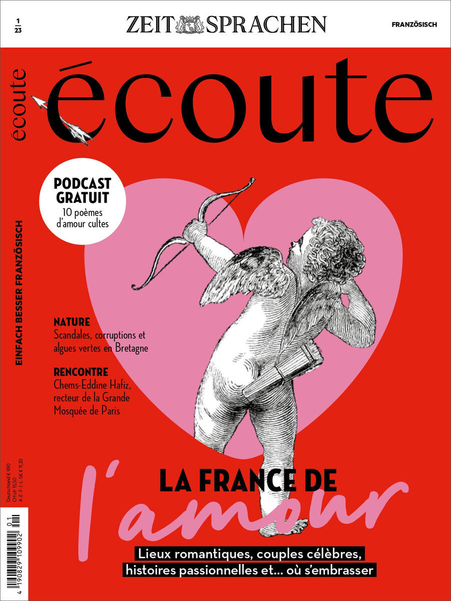 Cover des Magazins 'Écoute' Ausgabe 01/2023, mit einem Cherub auf einem rosa Hintergrund mit einem herzförmigen Rahmen, Titel 'La France de l'amour' und einigen Artikeltiteln über romantische Orte in Frankreich, berühmte Liebespaare und Reiseberichte aus der Bretagne.