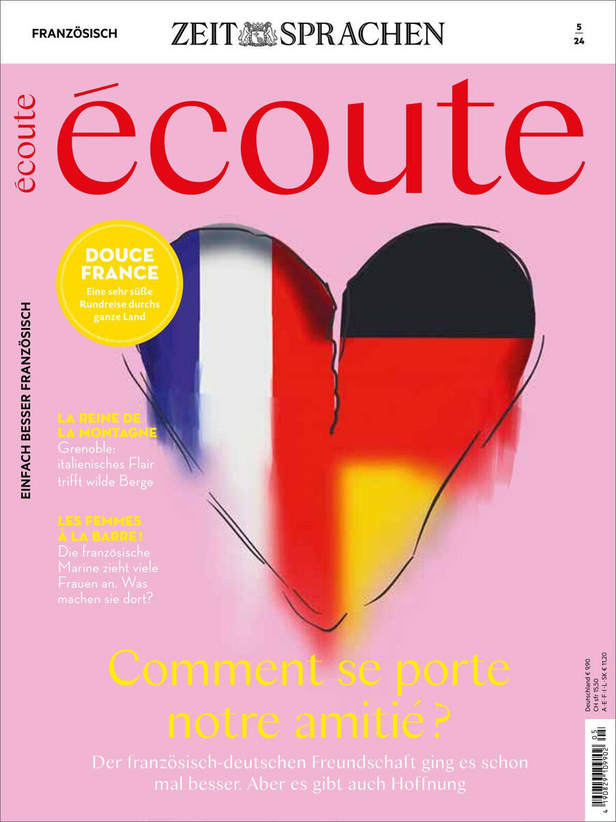 Cover des Écoute Magazin 05/2024. Auf der Vorderseite ist ein Herz in den Farben der französischen und deutschen Nationalflagge zu sehen. Der Titel ist in roter Schrift mit dem Untertitel 'Comment se porte notre amitié?'.