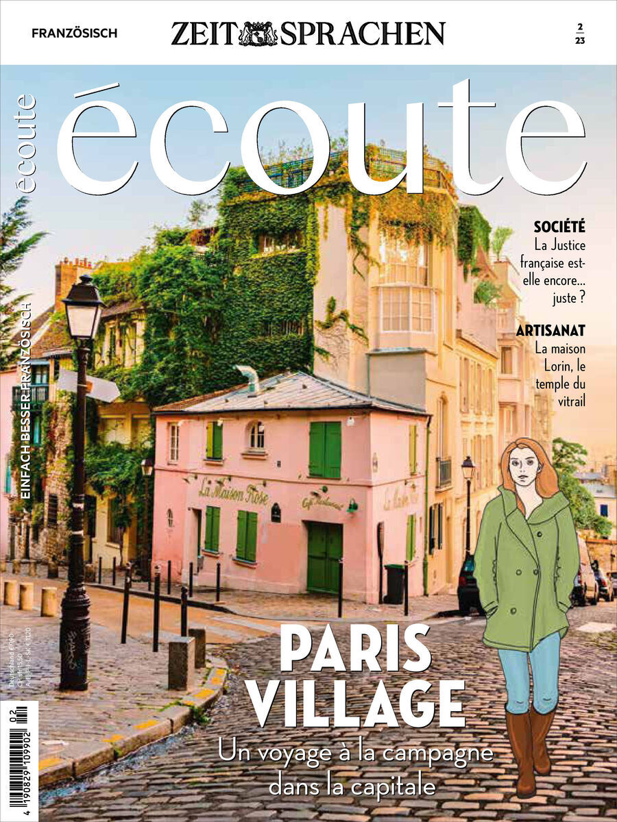 Cover der Zeitschrift Écoute Magazin, Ausgabe 02/2023. Zeigt eine farbenfrohe Straßenansicht von Paris mit traditioneller Architektur und einem gezeichneten weiblichen Charakter im Vordergrund. Text auf dem Cover: 'PARIS VILLAGE. Un voyage à la campagne dans la capitale'.