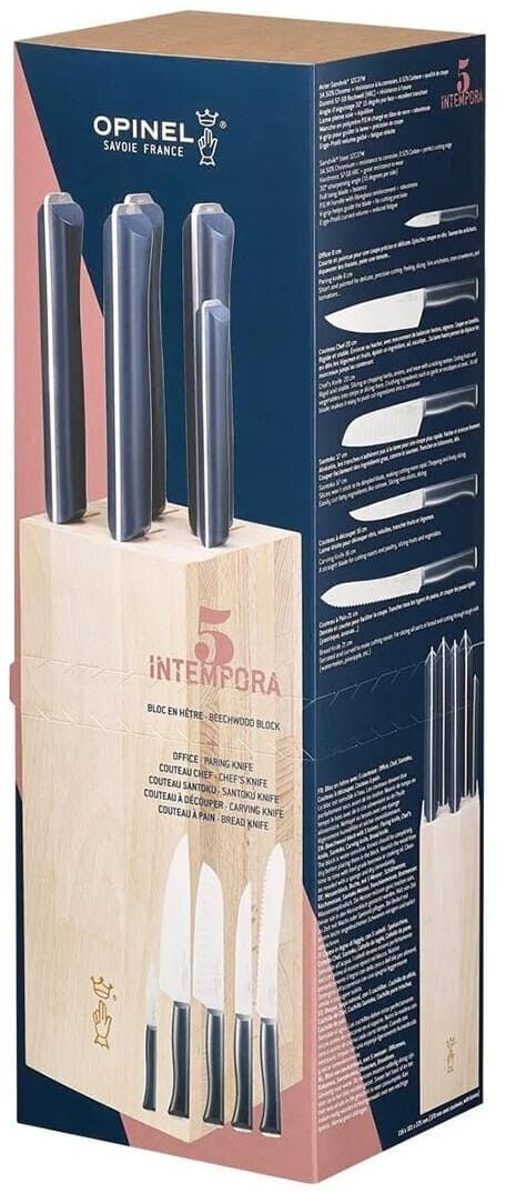 Messerblock INTEMPORA von Opinel mit fünf Küchenmessern in verschiedenen Größen in einem Holzblock, Metallklingen sichtbar.