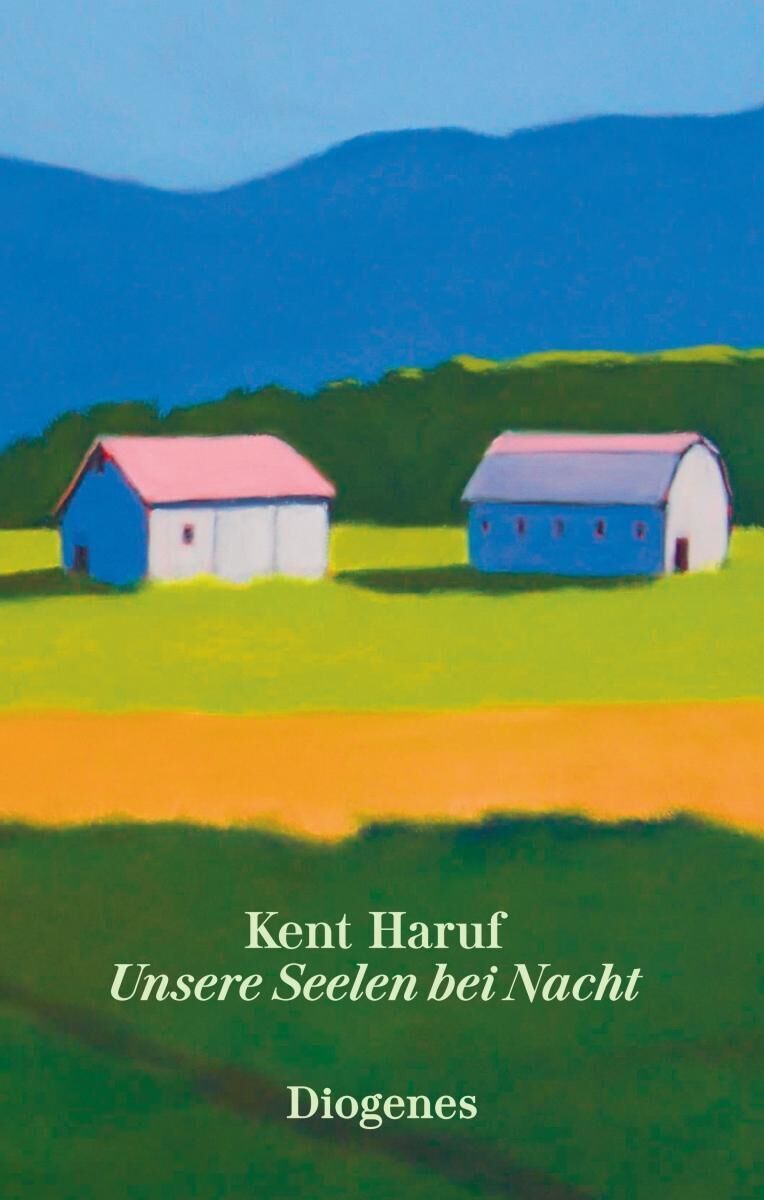 Buchcover von 'Unsere Seelen bei Nacht' von Kent Haruf, veröffentlicht vom Diogenes Verlag. Es zeigt eine Landschaft mit zwei kleinen Häusern auf einem grünen Feld mit blauen Hügeln im Hintergrund.