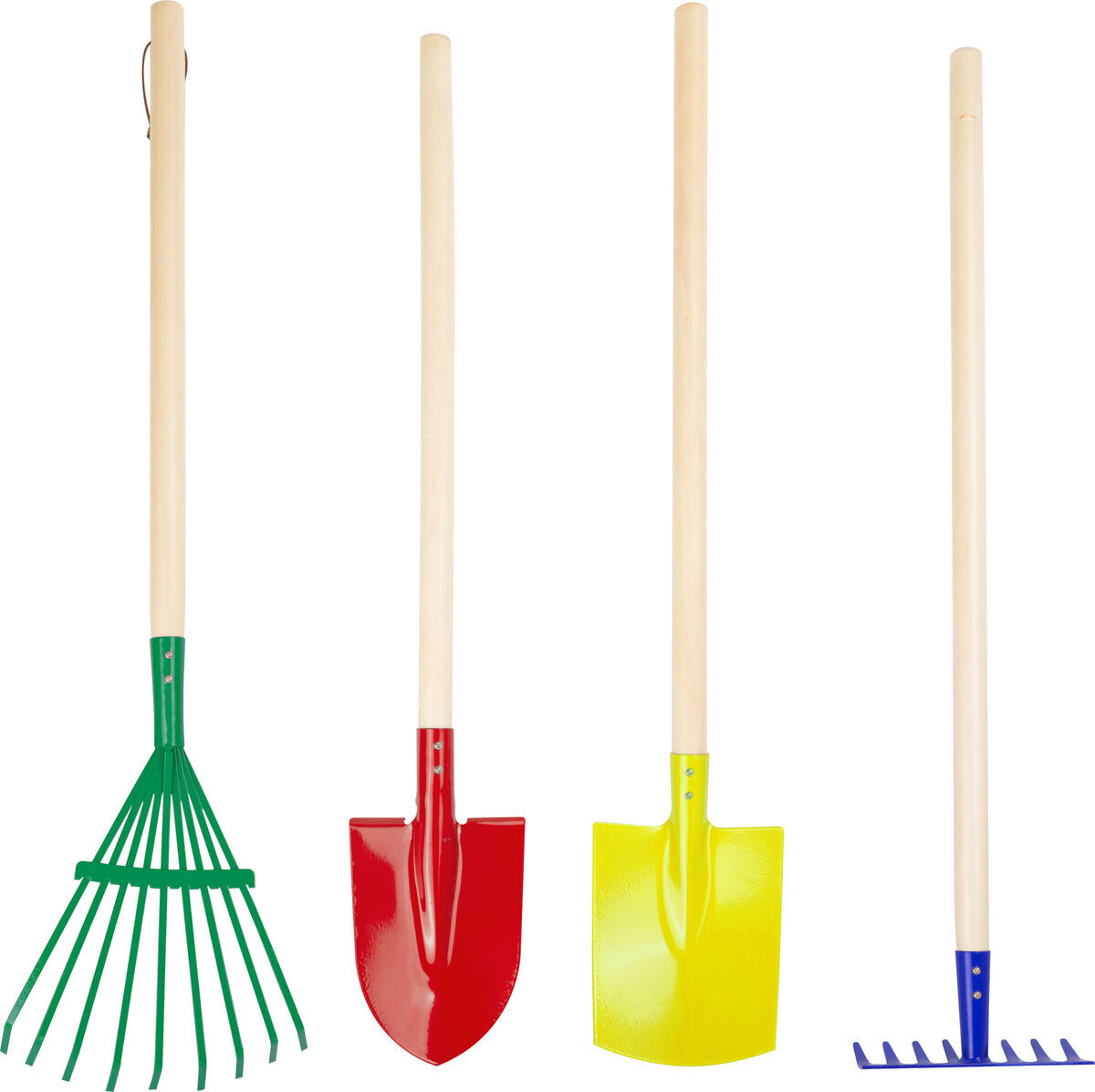Ein Gartenwerkzeug-Set für Kinder bestehend aus vier Werkzeugen: ein grüner Laubrechen, eine rote Schaufel, eine gelbe Schaufel und ein blauer Haken, alle mit Holzgriffen.