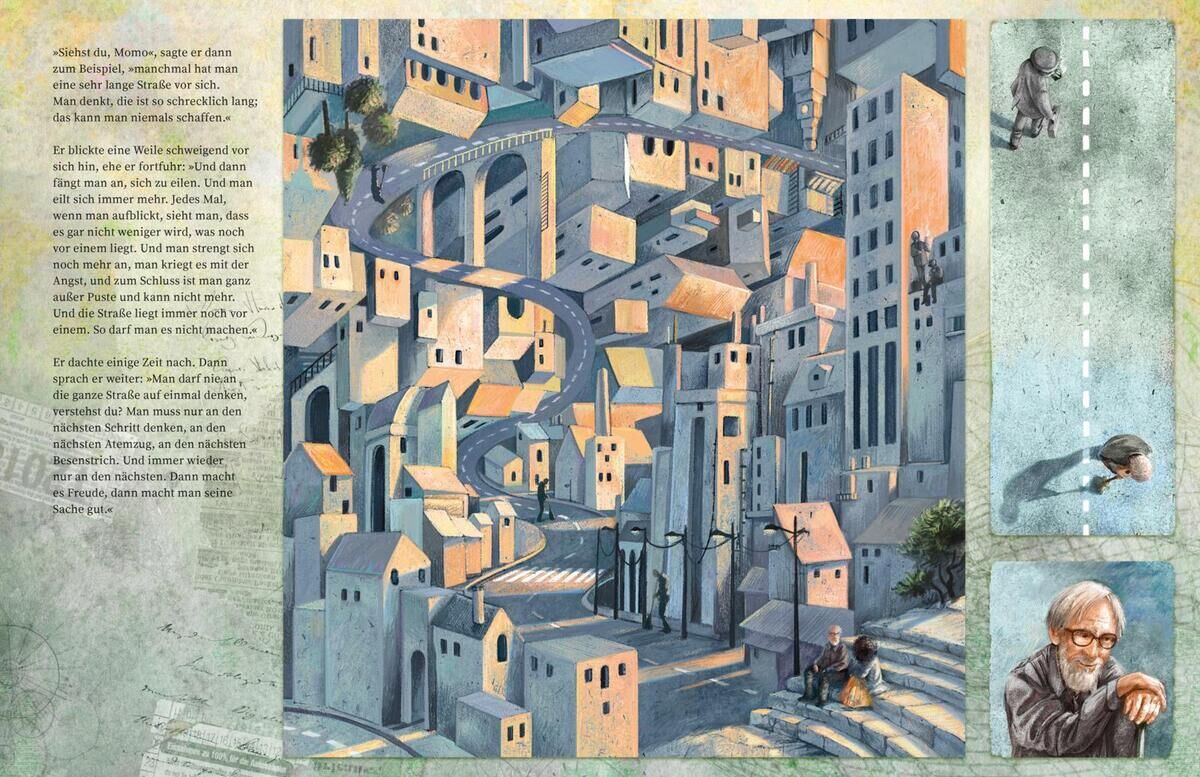 Eine Illustration aus dem Buch 'Momo' von Michael Ende zeigt eine verwinkelte Stadtlandschaft mit vielen hohen Gebäuden und Brücken in Pastelltönen. Im Vordergrund ist ein kleines Mädchen mit brauner Kleidung zu sehen. Auf der rechten Seite sind zwei kleinere Szenen abgebildet: ein Mann mit Bart und Brille und eine Person in der Ferne, die auf einer Straße wandert.