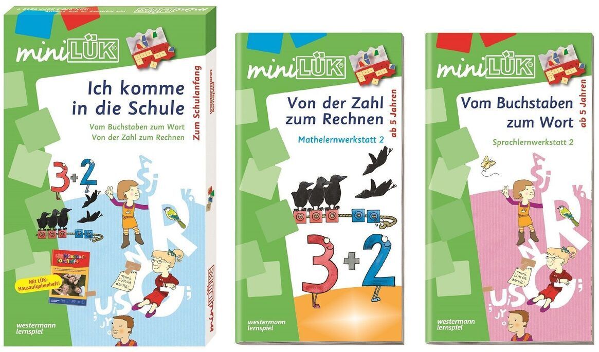 Das Bild zeigt das mini-LÜK-Set »Ich komme in die Schule«, bestehend aus drei Lernheften in verschiedenen Farben. Die Titel der Hefte sind: 'Ich komme in die Schule', 'Von der Zahl zum Rechnen' und 'Vom Buchstaben zum Wort'. Auf den Covern sind kindgerechte Illustrationen und Lerninhalte zu sehen.