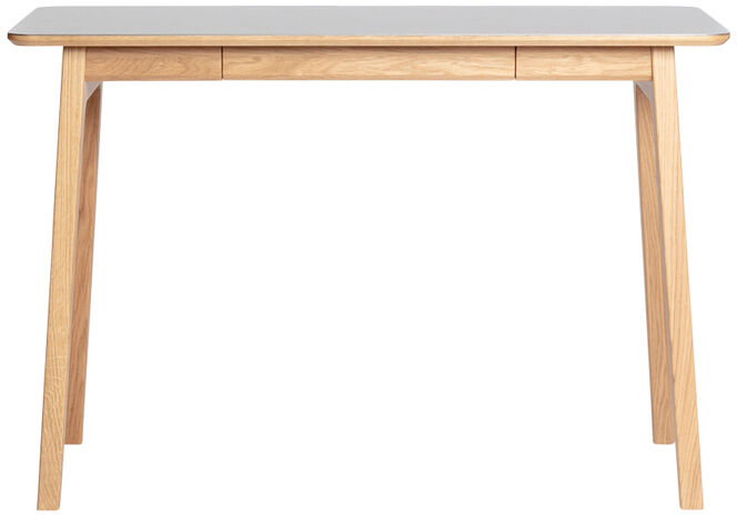 Ein moderner Schreibtisch aus Eiche mit klaren Linien und minimalistischer Gestaltung. Der Tisch ist hellbraun und hat eine glatte Arbeitsfläche mit einer Schublade darunter.